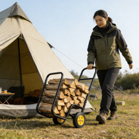 Firewood Log Cart Carrier - Outdoor or Indoor Black Steel Wood Rack