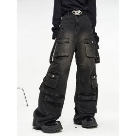 Multi Pocket Vintage Wide Leg Jeans For Men (Option: Black-L)