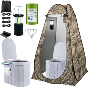 Portable Toilet Kit, Camping Toilet with Pop-Up Privacy Tent and Poo Gel Toilet Bags, Washable Portable Outdoor Showers Changing Rooms (style: Gray Toilet and Camouflage Tent With Light)